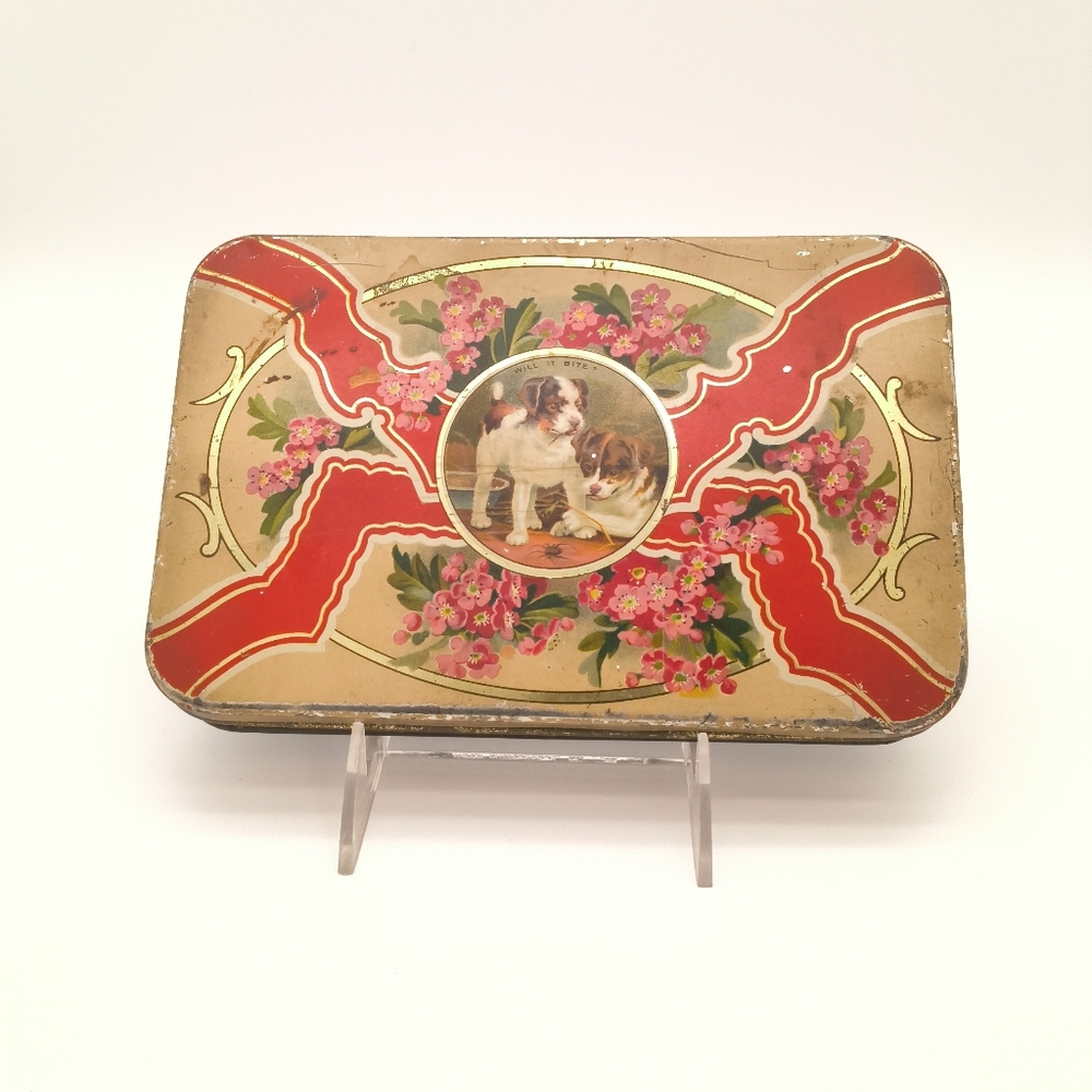 Antique 1900 Carr & Co Biscuit Tin "Will It Bite?" Puppies Lithograph